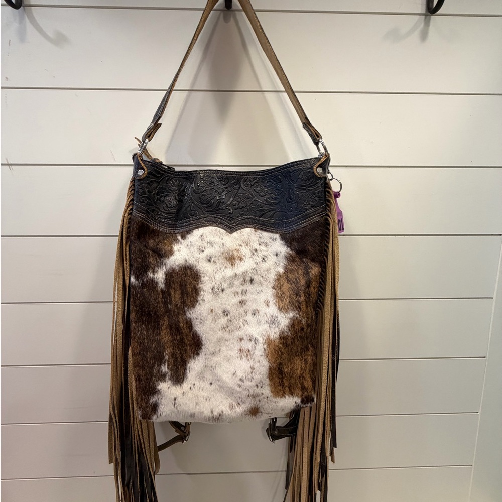 Holy Cow Couture Brown and White Fringe Leather LG Backpack/Purse REAL COWHIDE